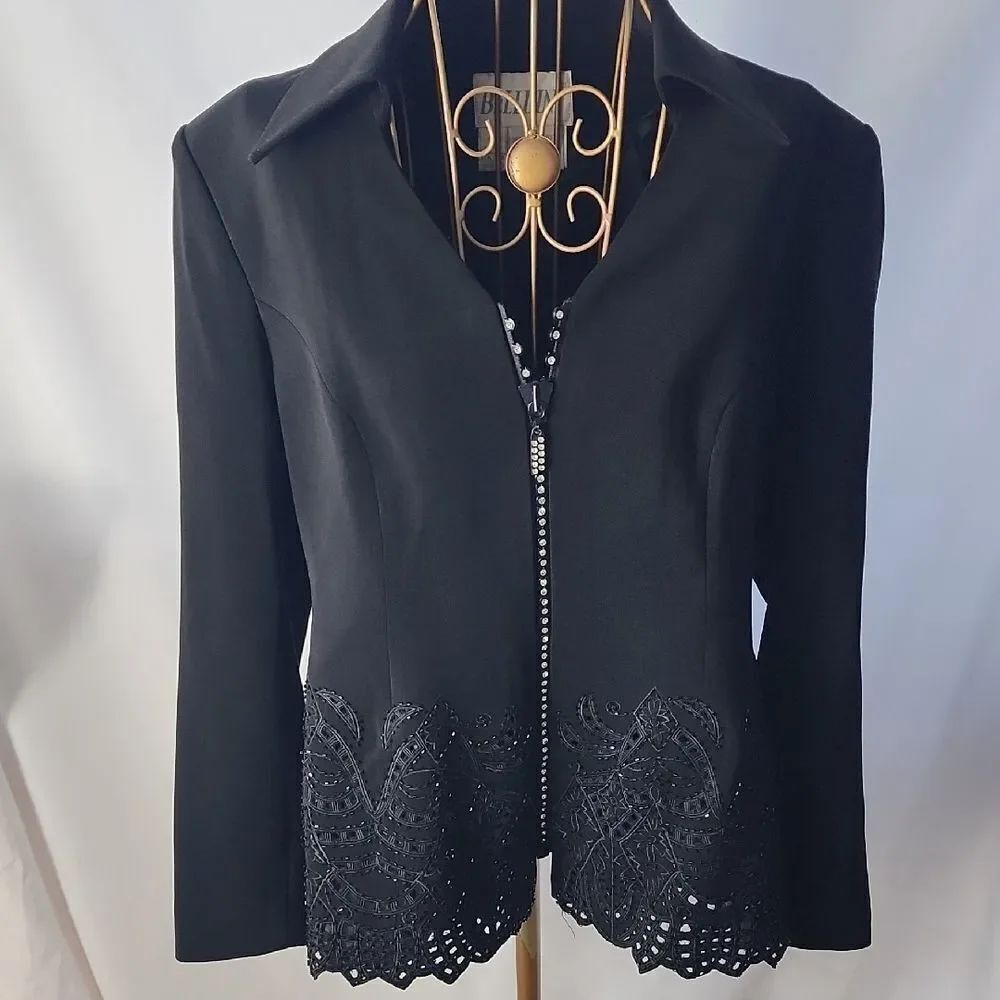 Rhinestone Detail Holiday Blazer Jacket Size 10 Beaded Cutwork Black